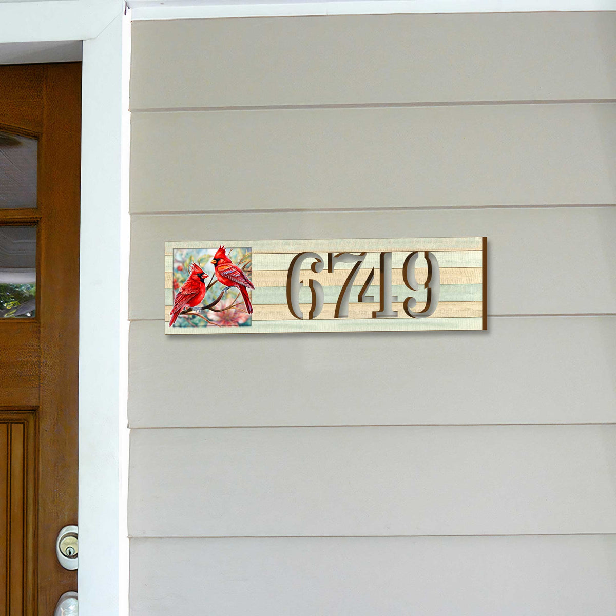 Handcrafted Wooden House Number Sign with Cardinals – Vertical & Horizontal Address Plaque for Porch or Entryway MA989833