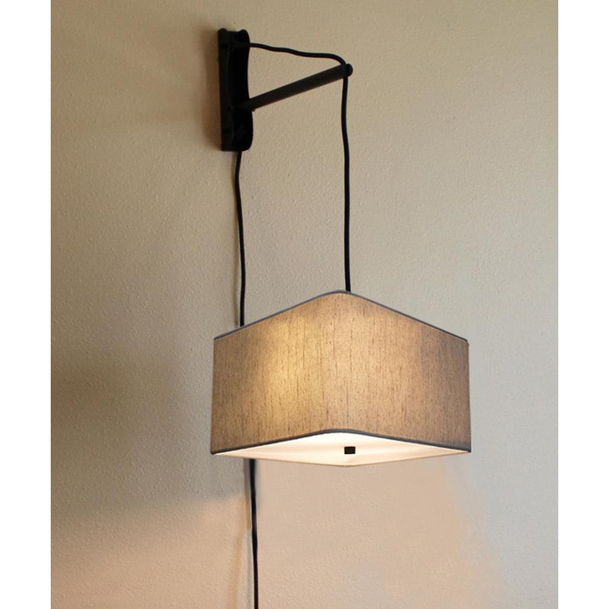 MAST Plug-In Wall Mount Pendant, 2 Light White Cord/Arm with Diffuser, Rounded Corner Square Oatmeal Drum Shade 16"W