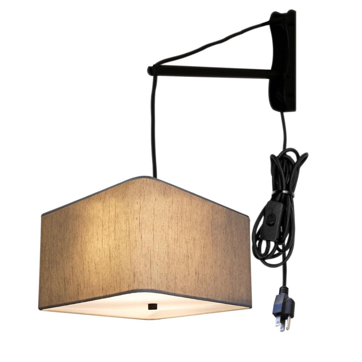 MAST Plug-In Wall Mount Pendant, 2 Light White Cord/Arm with Diffuser, Rounded Corner Square Oatmeal Drum Shade 16"W
