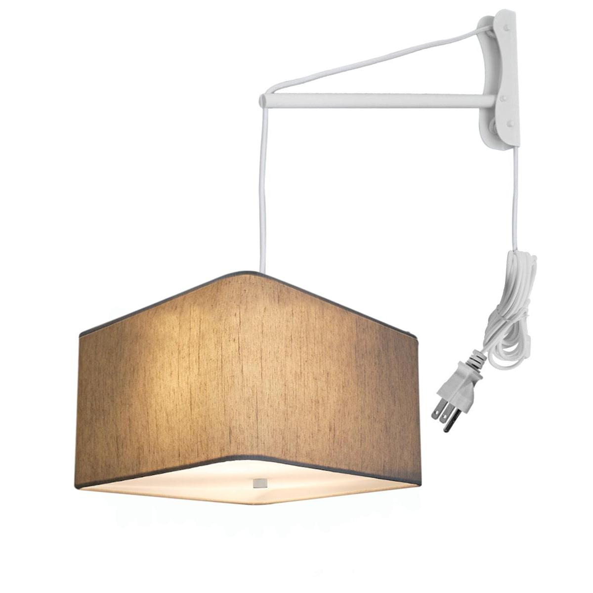 MAST Plug-In Wall Mount Pendant, 2 Light White Cord/Arm with Diffuser, Rounded Corner Square Oatmeal Drum Shade 16"W
