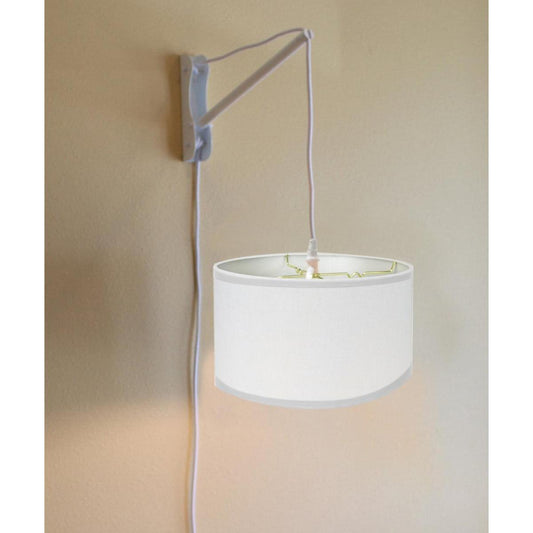 MAST Plug-In Wall Mount Pendant, 2 Light White Cord/Arm with Diffuser, White Linen Shade 18x18x10
