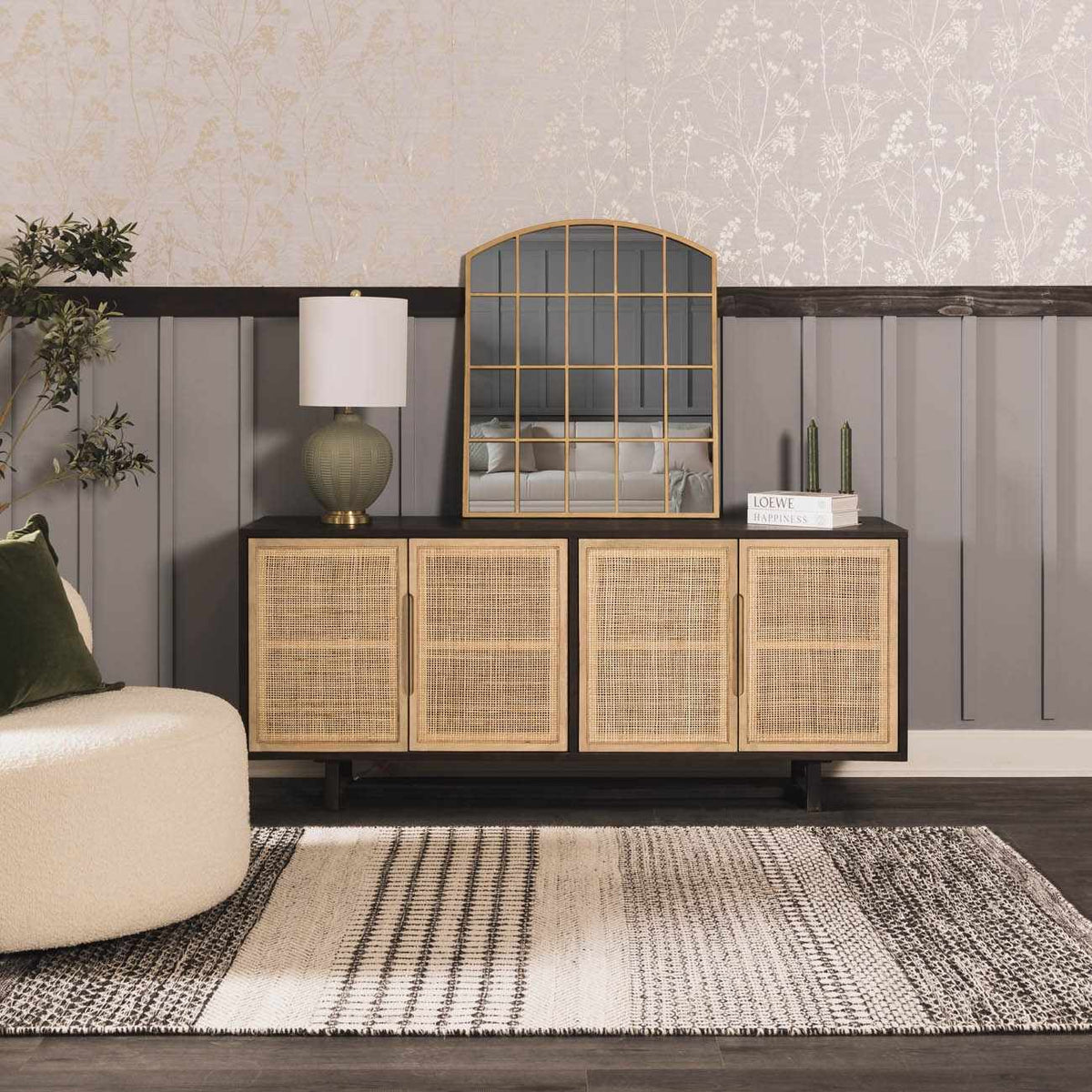 a room with a white chair and a cabinet