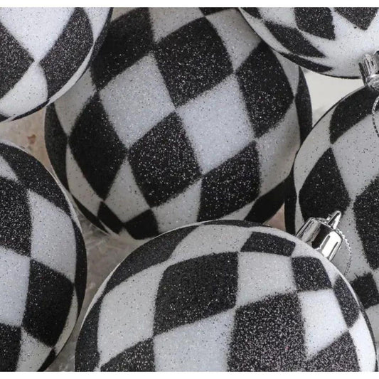 4" Glitter Harlequin Ball Ornaments: Black/White (3 pack)