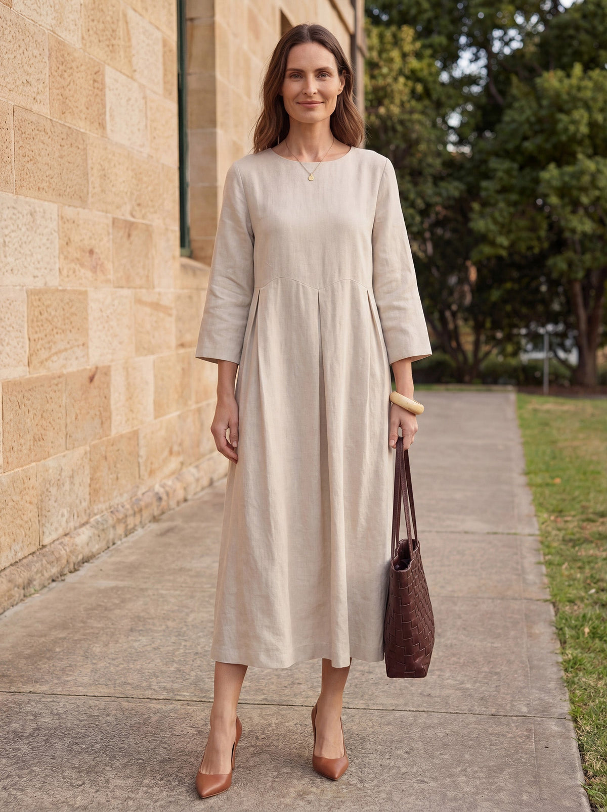 a woman in a long dress