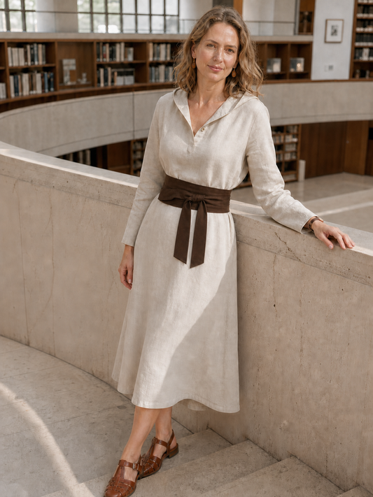 100% Linen Hooded Pullover Midi Dress REBECCA