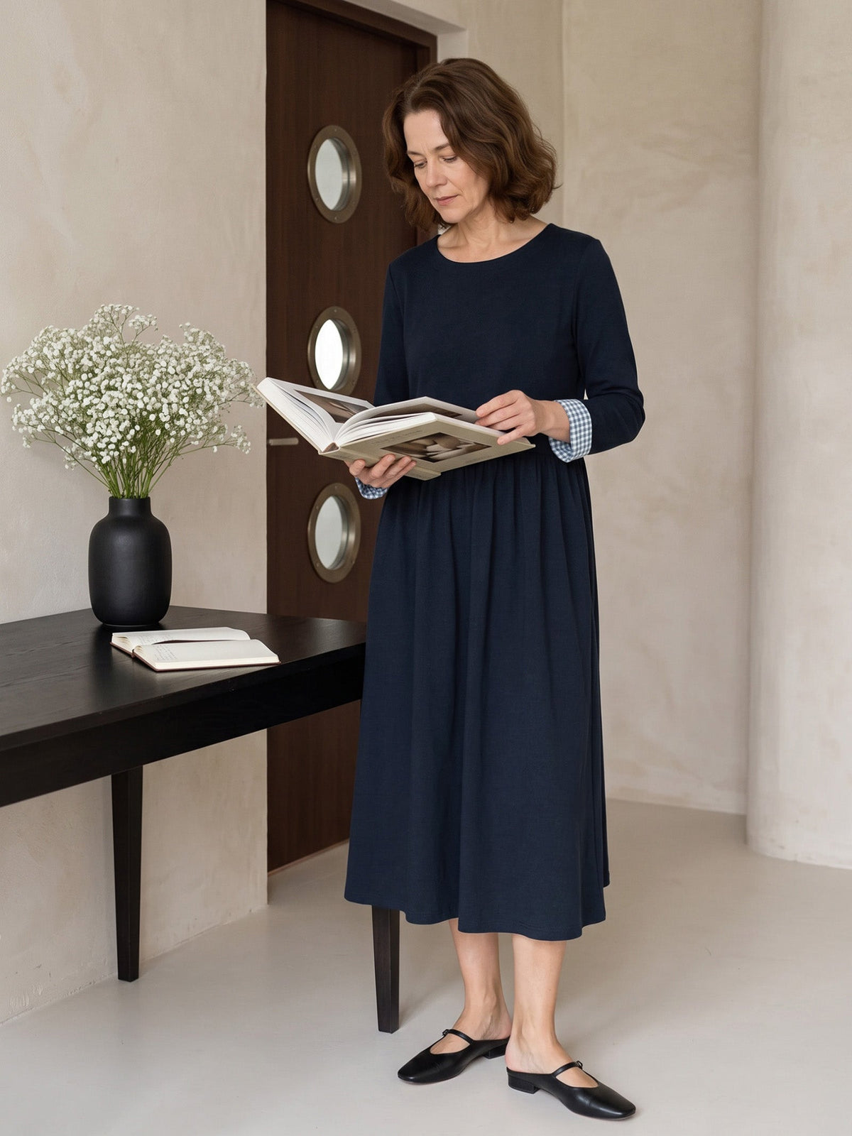 Organic Cotton Patchwork Cuff Crew Neck Casual Midi Dress SCARLETT