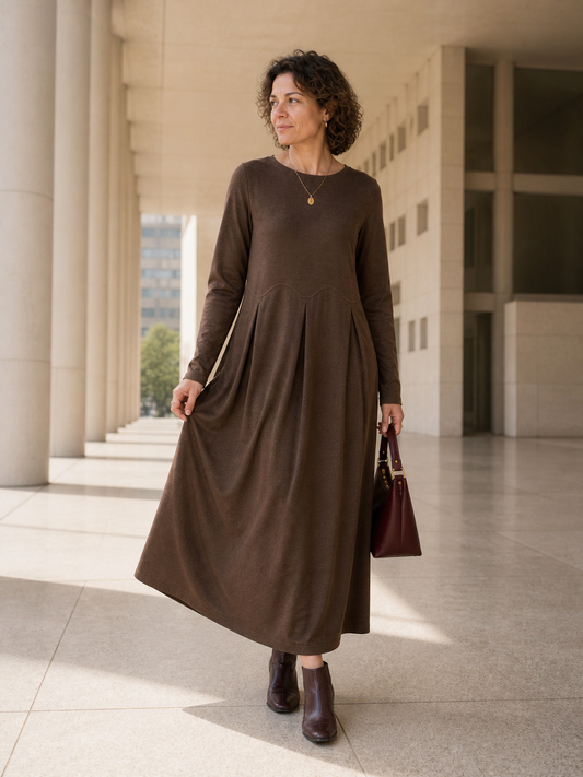Wool Arc-Panel Sculpted Pleats Midi Dress CALISTA