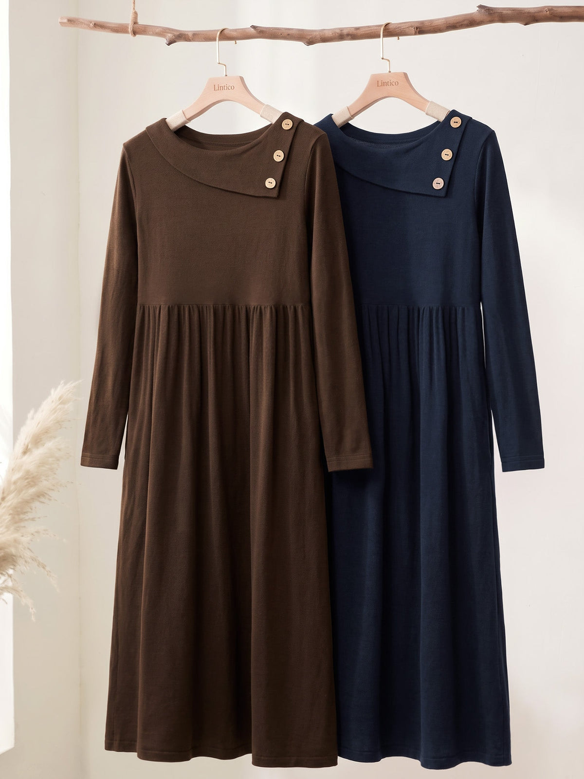 Wool Layered Neck Pleated Midi Dress BILLIE