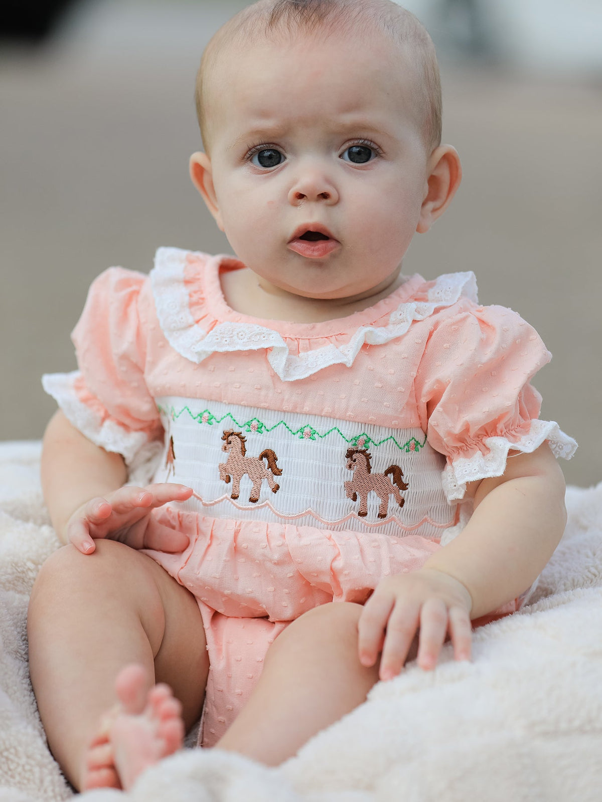 Western Horse Embroidery Girls Romper Lace Petals Collar Puff Sleeve