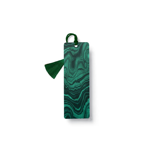 a green and black tag with a tassel