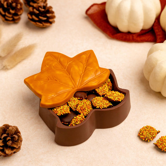a chocolate in a box with a leaf shaped container next to white pumpkins