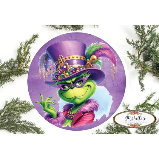 Mardi Gras Green Monster Round Sign - Wreath Enhancement