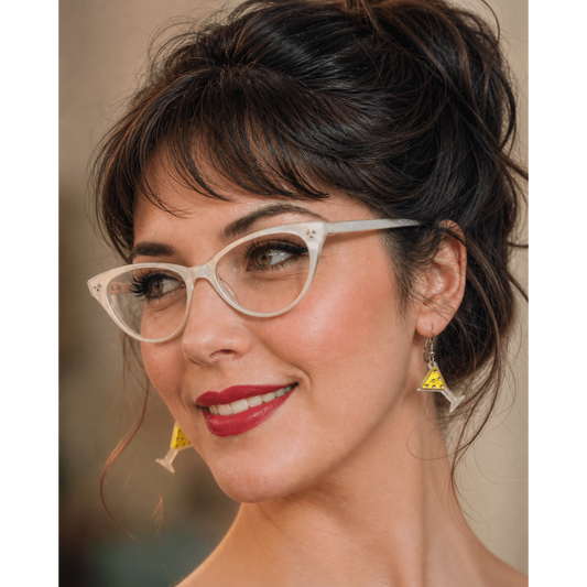 a woman with glasses and red lipstick
