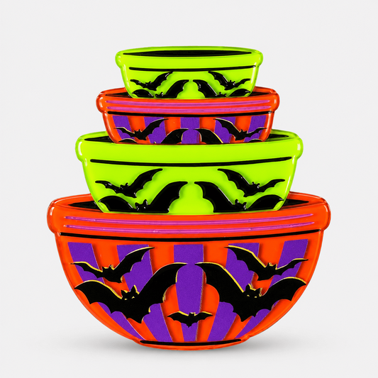 a stack of bowls with bats on them