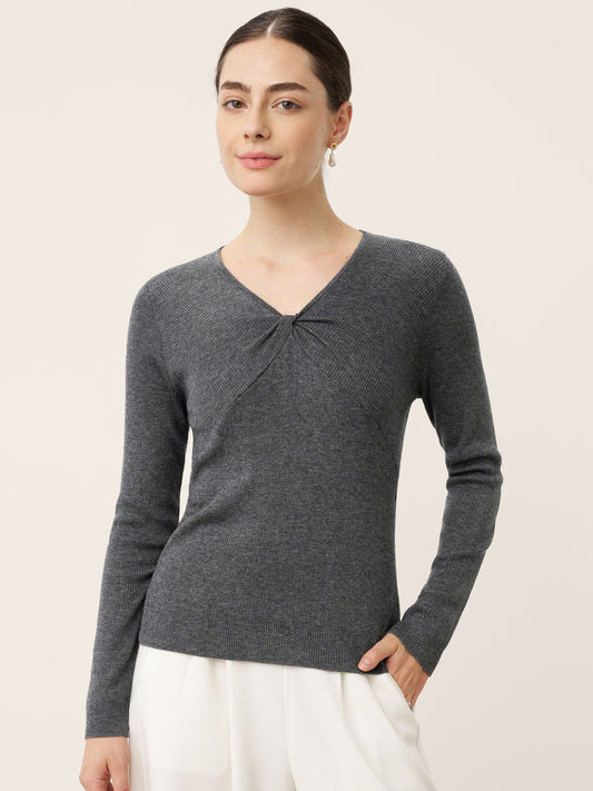 Wool Ruched Panel V-Neck Top RAVEN