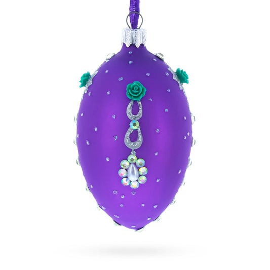 Milan Designer Intricate Jeweled Flower Necklace Glass Egg Christmas Ornament 4 Inches