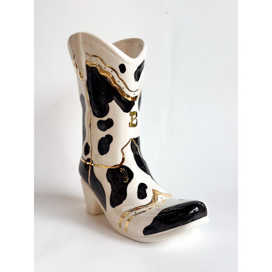 Monogrammed Cow Print Cowboy Boot Vase