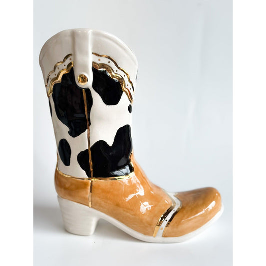 Monogrammed Two Tone Cow Print Cowboy Boot Vase