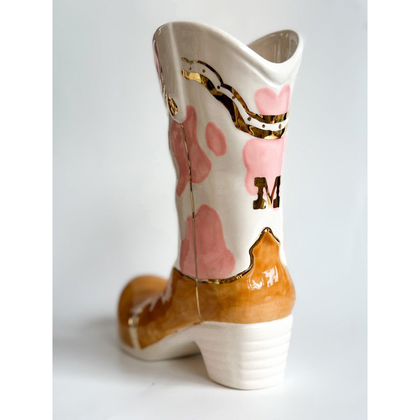 Monogrammed Two Tone Cow Print Cowboy Boot Vase