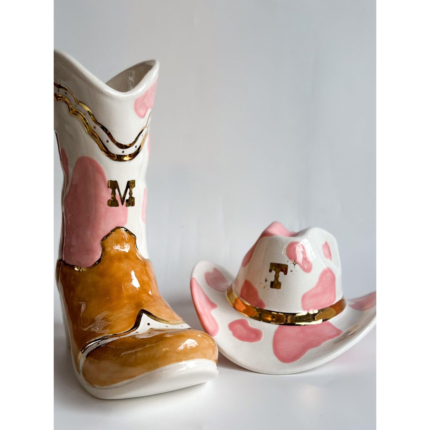 Monogrammed Two Tone Cow Print Cowboy Boot Vase