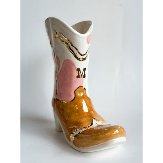 Monogrammed Two Tone Cow Print Cowboy Boot Vase