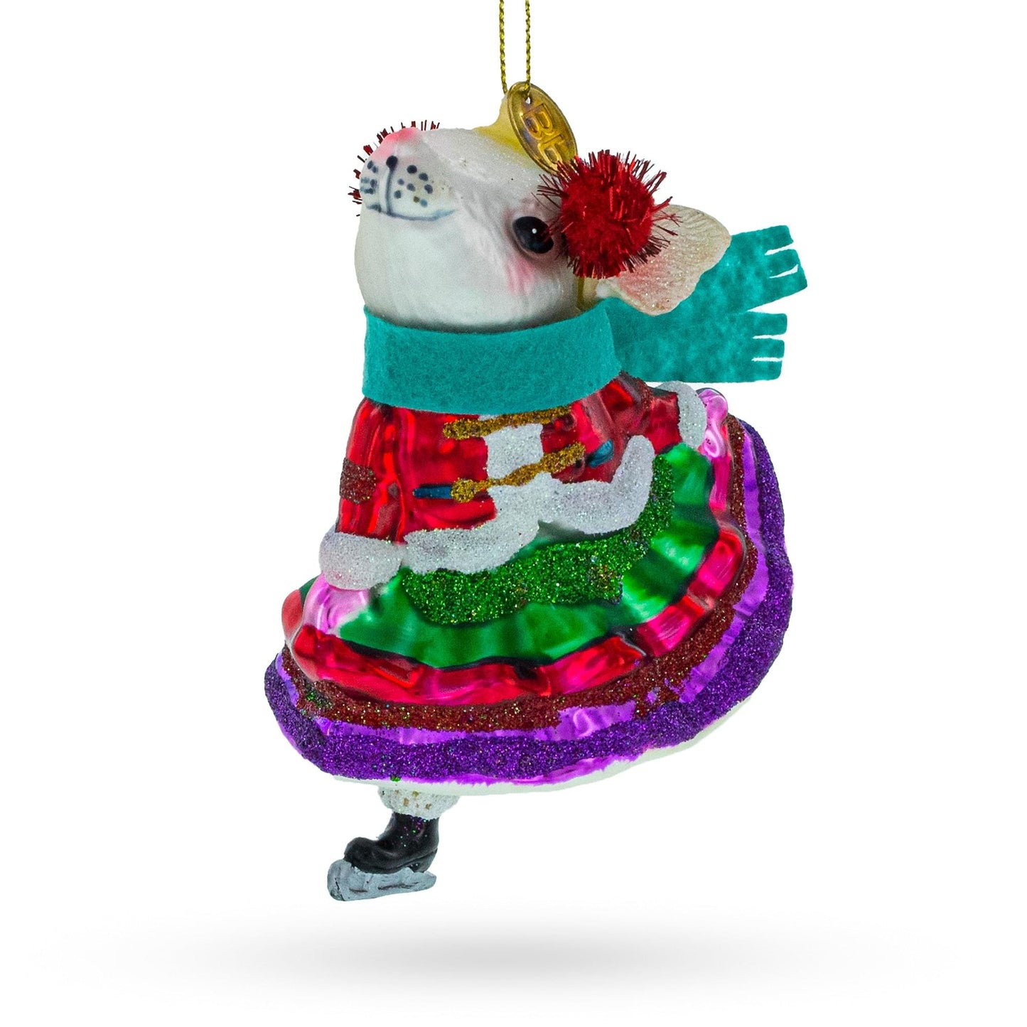 Mouse on Ice Skates Glass Christmas Ornament