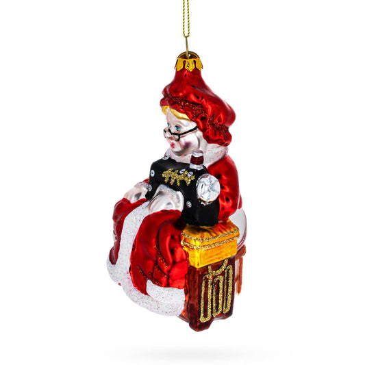Mrs. Claus and Sewing Machine Glass Christmas Ornament