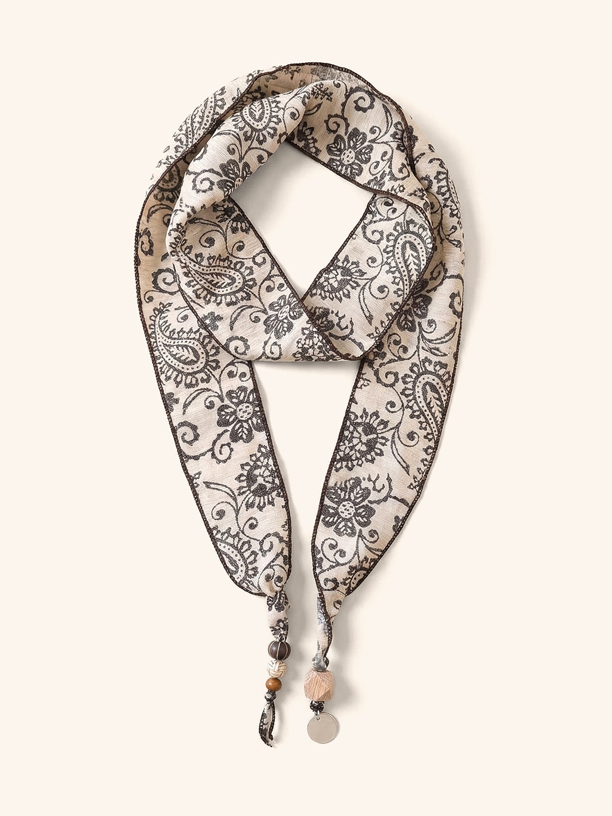 Multi-Functional Floral Satin Scarf With Jade Bead Accents
