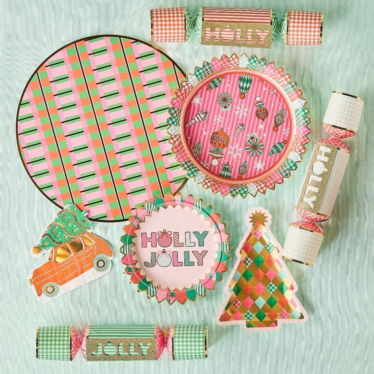 a group of colorful paper plates and crackers