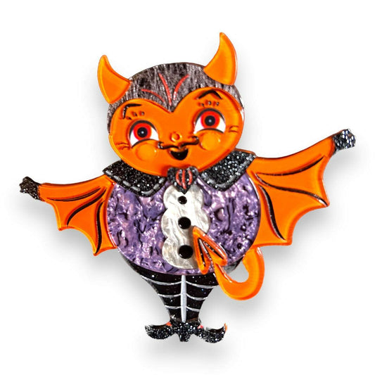 an orange bat with wings and a purple and black garment