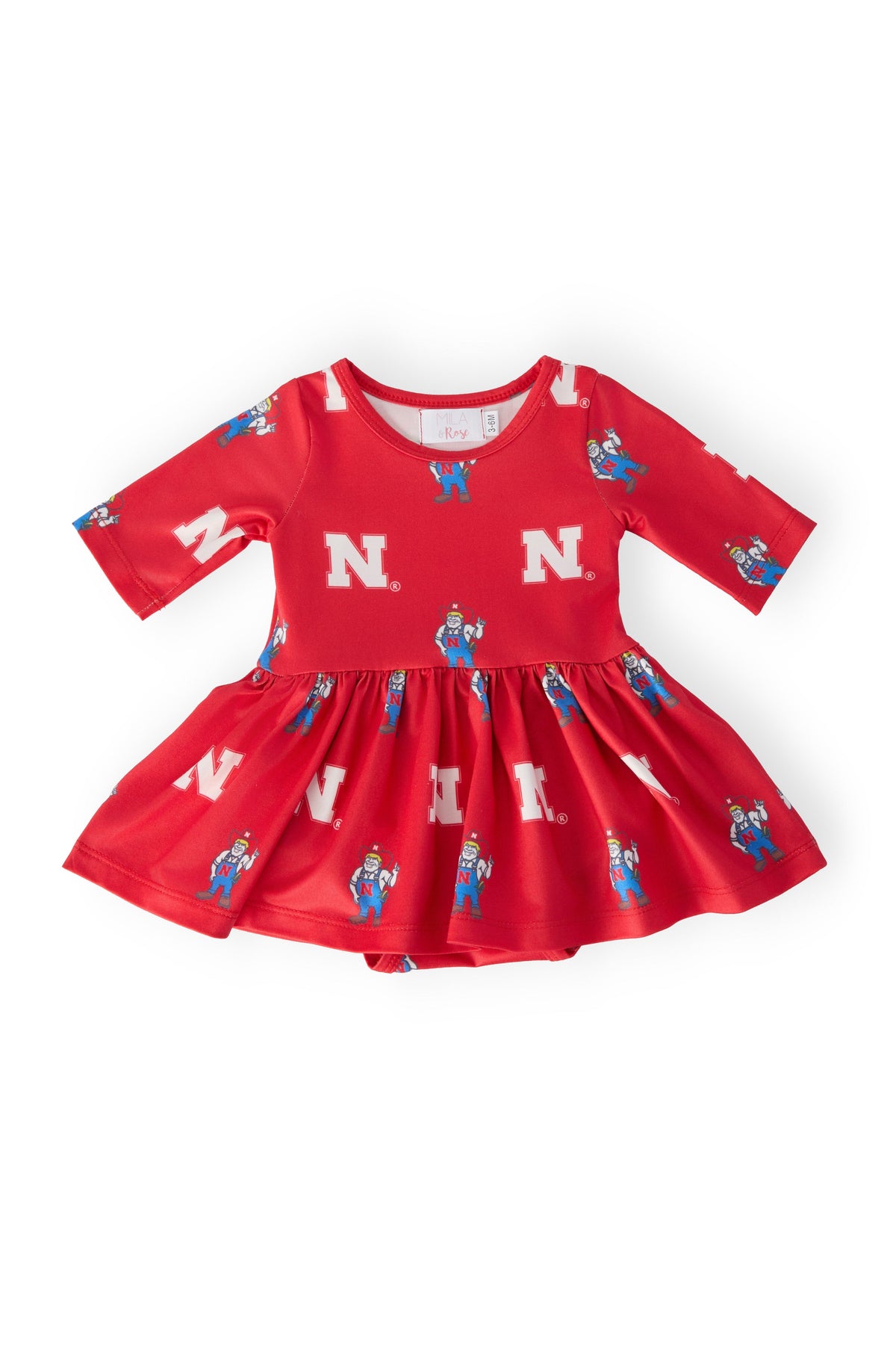 a red dress with white and blue characters on it