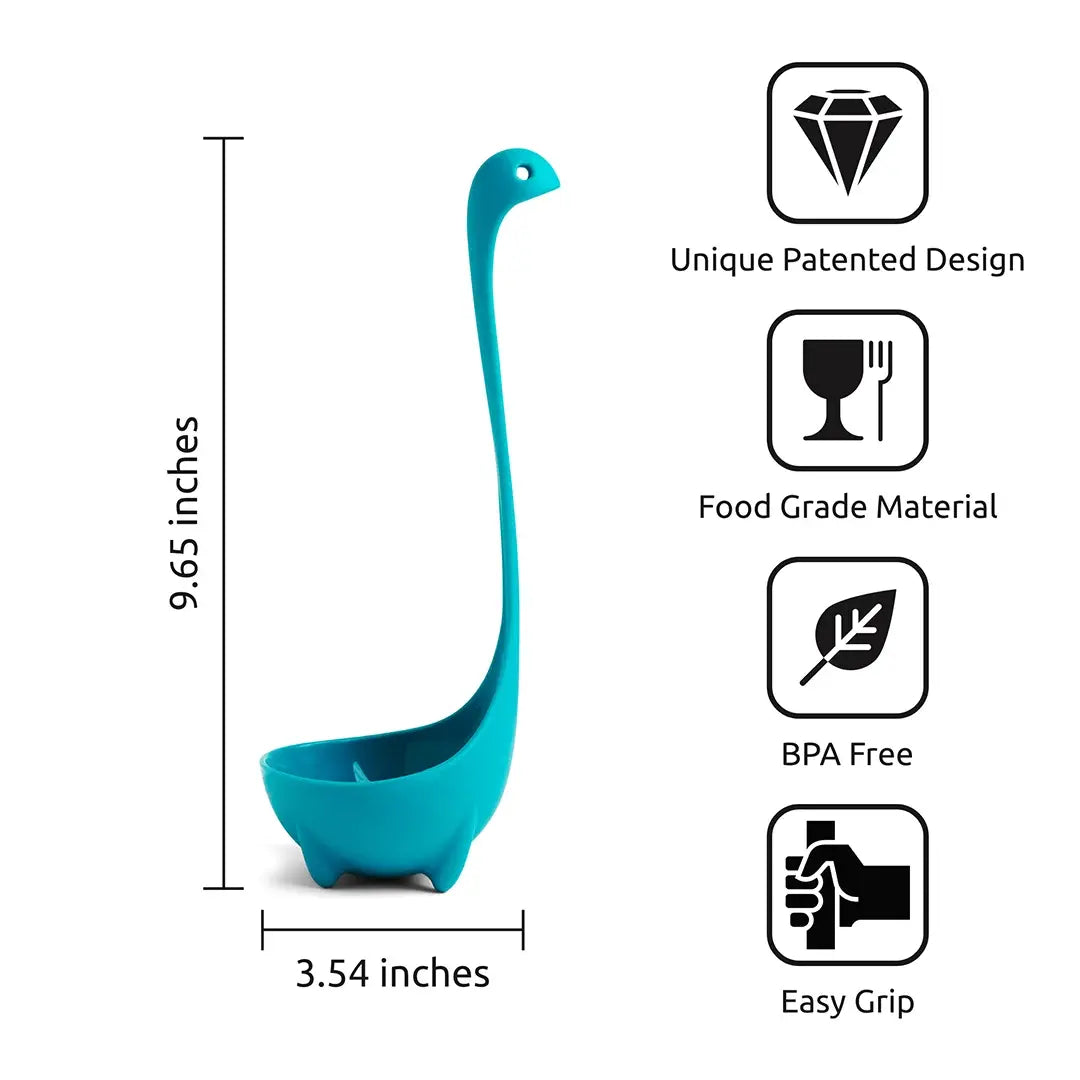 a blue ladle with long neck and black text