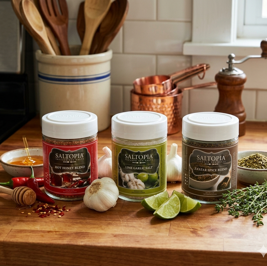 a group of jars of spices and herbs on a counter