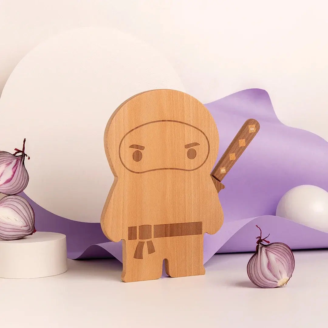 a wooden figurine of a ninja with onions