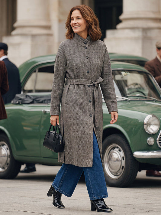 Linen Yarn Dyed Check Belted Long Coat BELLADONNA