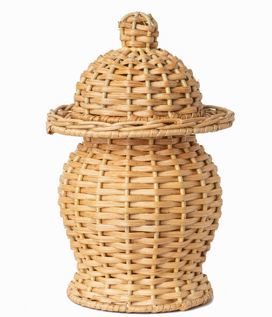 a wicker basket with a lid