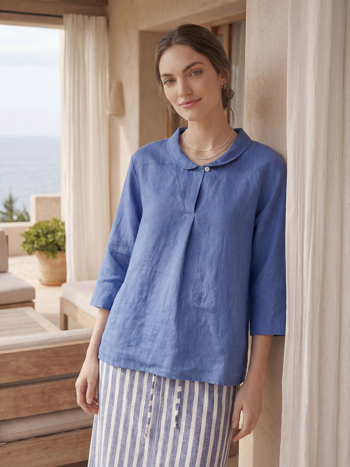 a woman in a blue shirt