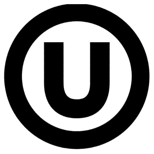 Black circle with a white 'U' in the center on a white background