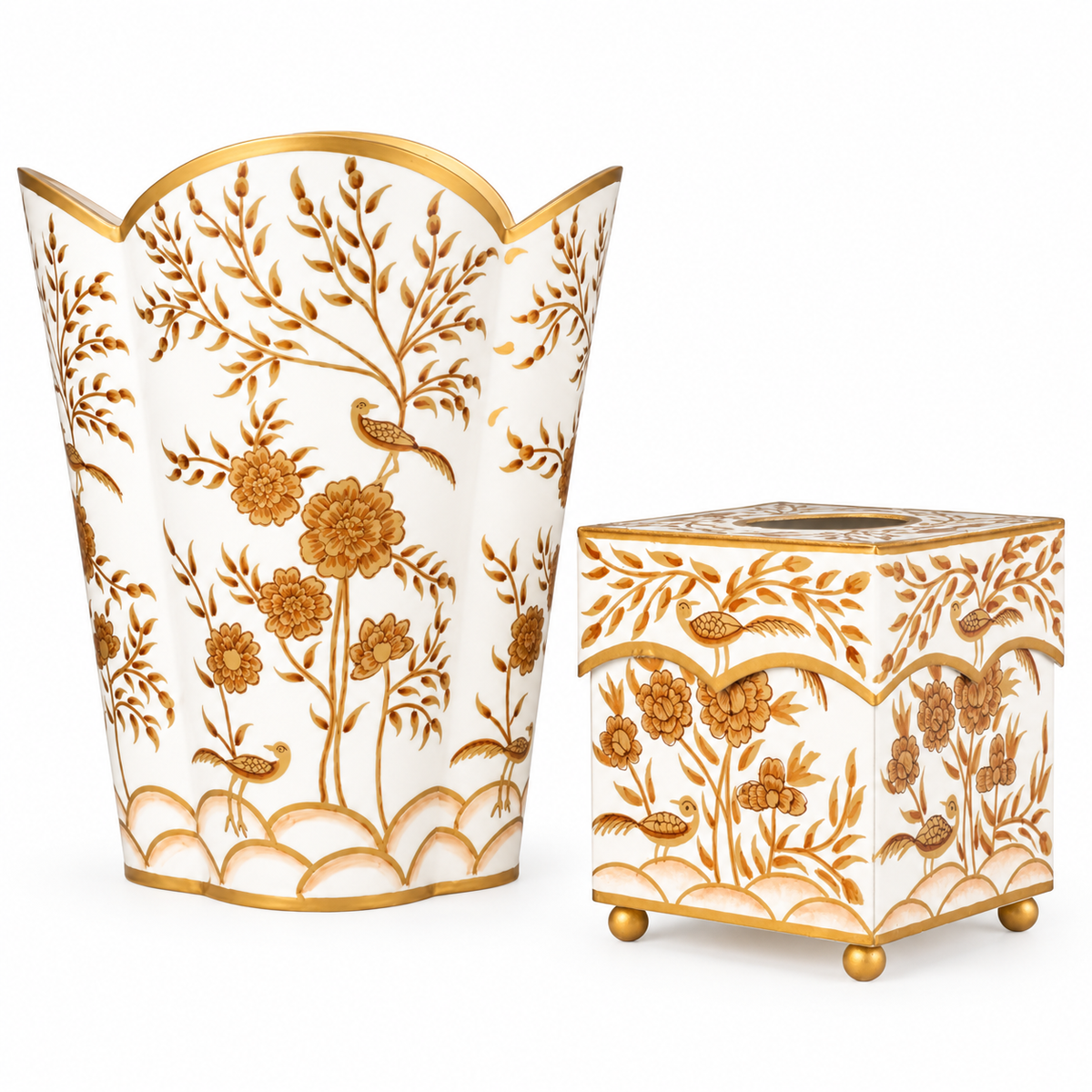 Ivory & Gold Pheasant Wastepaper Basket & Tissue (2 Options)