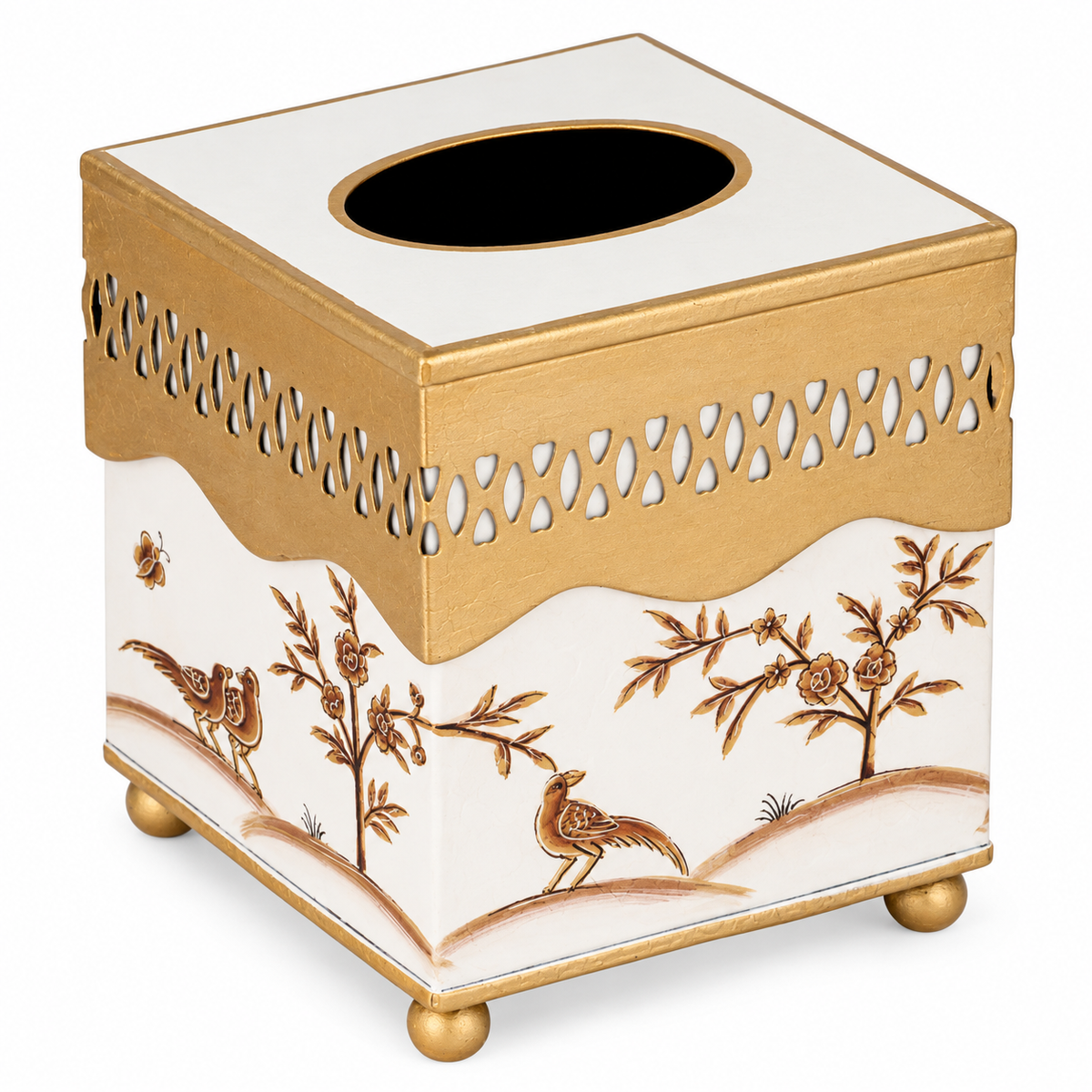 Ivory & Gold Oval Pierced Wastepaper Basket & Tissue (2 Options)