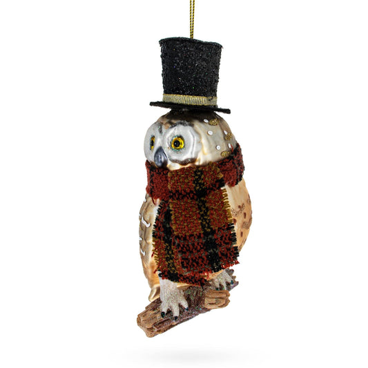 Owl in Black Hat and Scarf Glass Christmas Ornament