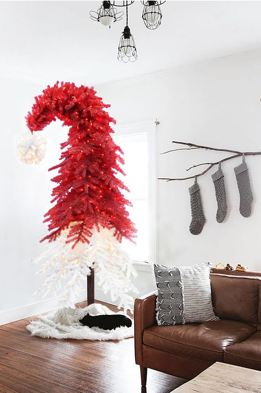 Pre-lit Santa Hat Christmas Tree with Red and Warm White Lights and Square Metal Base