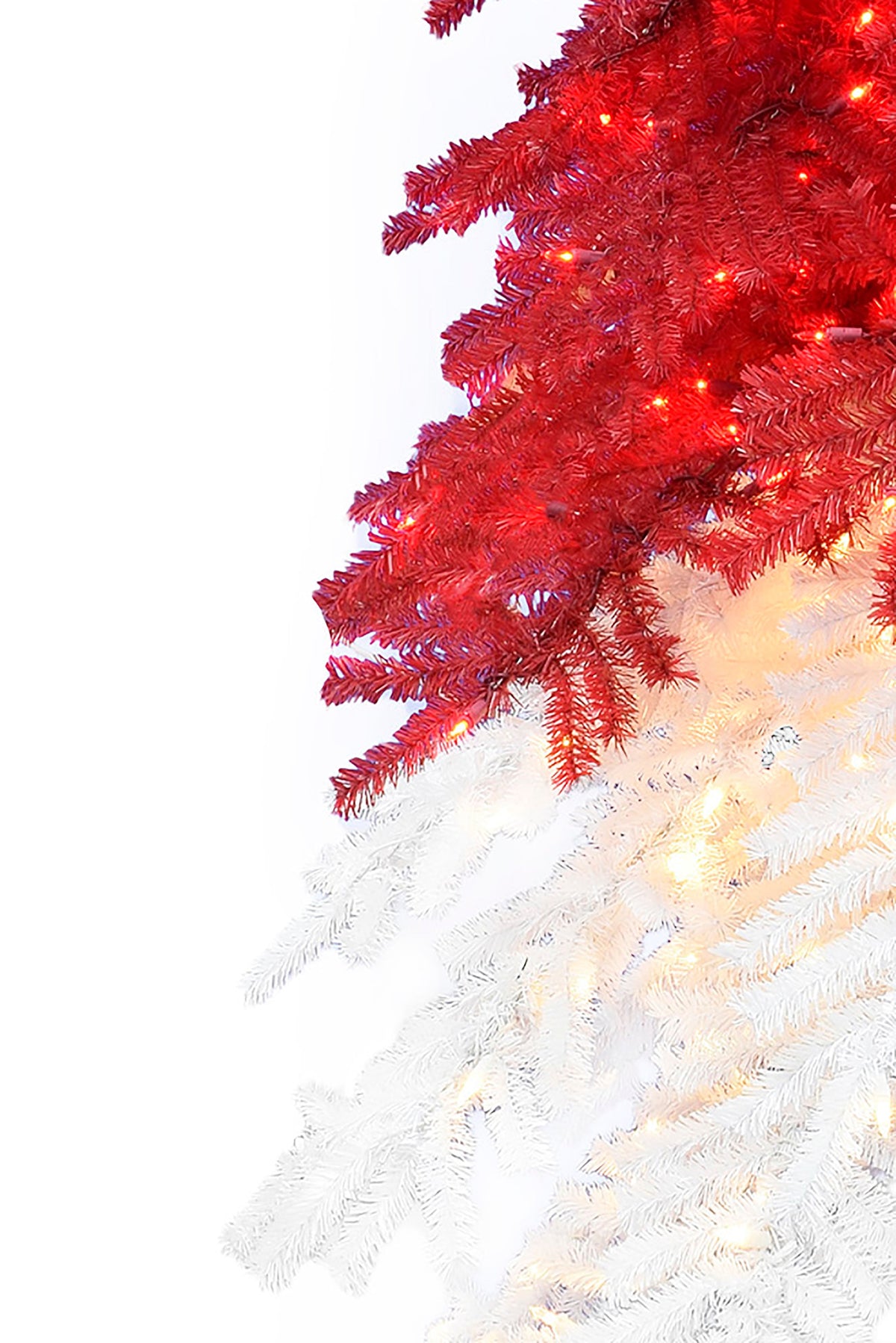 a red and white tree branch with lights