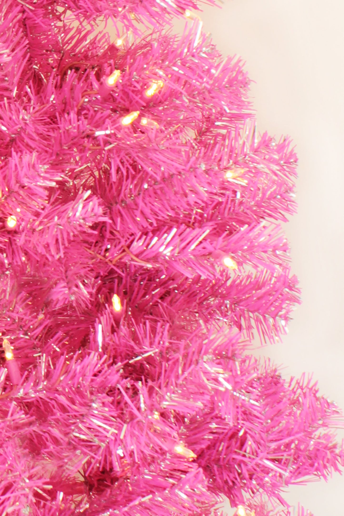 Prelit Pink Christmas Tree with Silver Tinsel Needles Warm White Lights