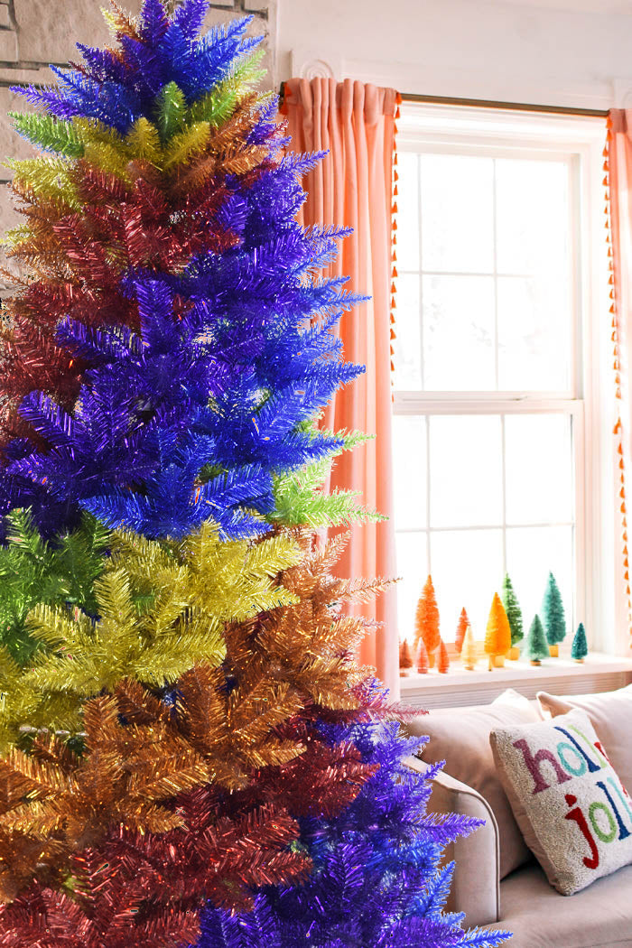 6.5' Rainbow Swirl Tinsel Christmas Tree with Red Stand