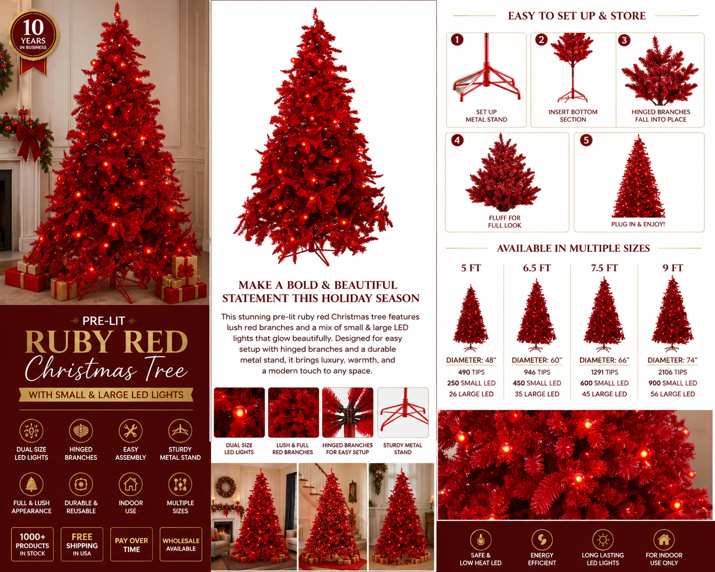Pre-Lit Ruby Red Christmas Tree with Dual LED Lights – Luxury Artificial Holiday Tree