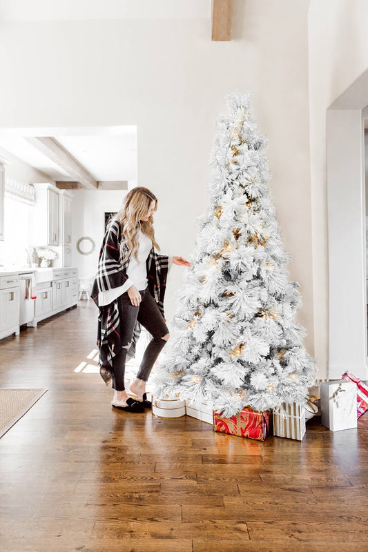 Pre-lit Slim Snow Flocked Atka Christmas Tree with Metal Stand and Instant Connect