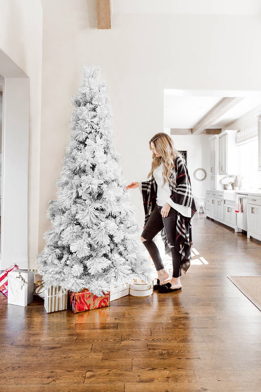 7.5' Slim Snow Flocked Atka Christmas Tree with Metal Stand and Instant Connect