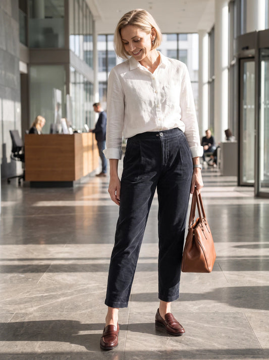 a woman in a white shirt and black pants