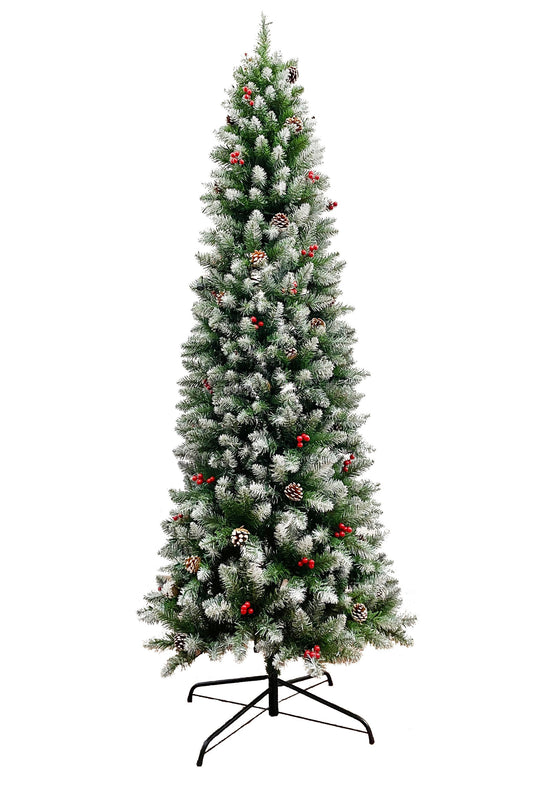 Frosted Norwood Pencil Pine with Pine Cones & Red Berries and Metal Stand